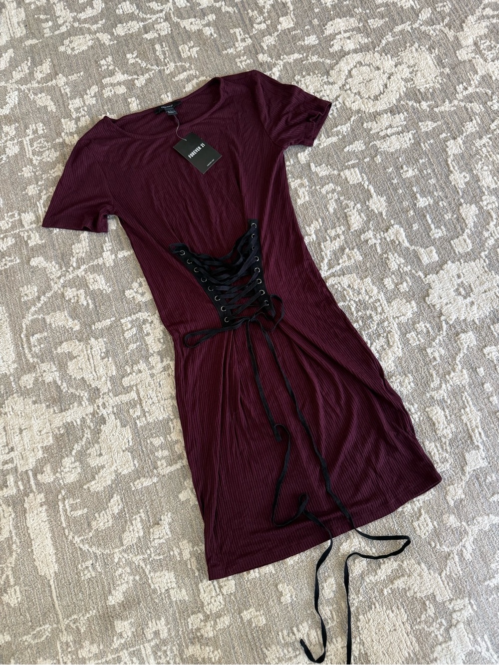 Forever 21 Burgundy Short Sleeve Ribbed Lace-Up Mini Dress